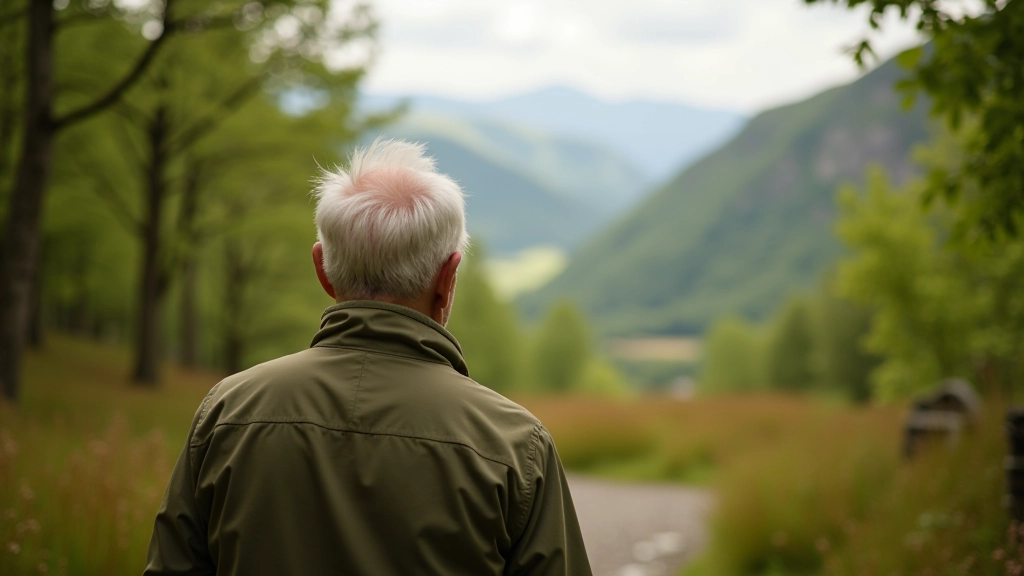 Senior hiker enjoying a peaceful moment on a scenic mountain trail with distant valley views