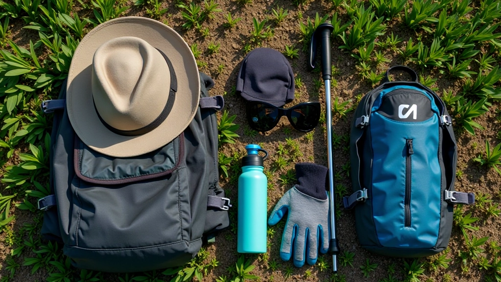 Hiking accessories laid out neatly: wide-brimmed hat, trekking poles, daypack, water bottle, sunglasses, and gloves