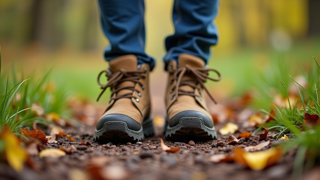 Close-up of senior's feet wearing quality hiking boots on a natural forest trail with fallen leaves and grass