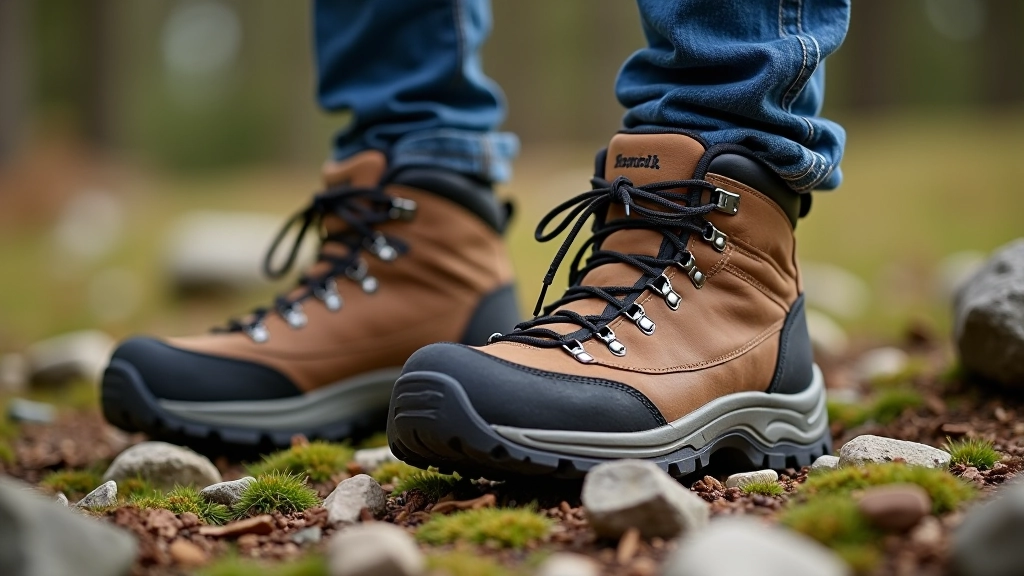 Close-up of hiking boots with thick cushioned soles, sitting on natural ground with stones and moss