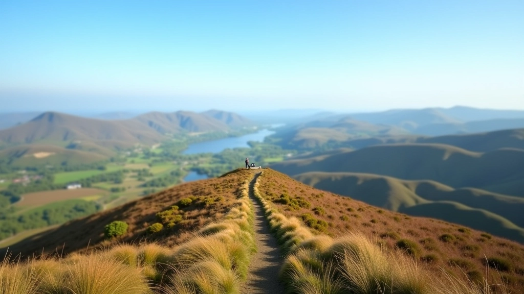 Panoramic view from mountain summit showing valley landscape, distant hills, and three-county vista under clear blue sky