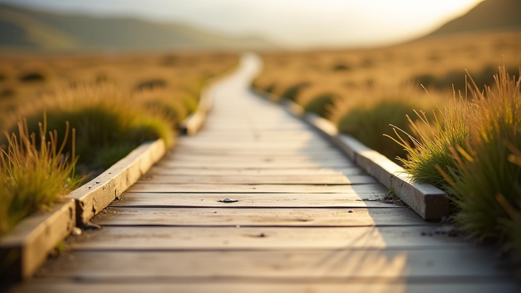 Close-up detail of wooden boardwalk planks with metal handrail and moorland vegetation on either side