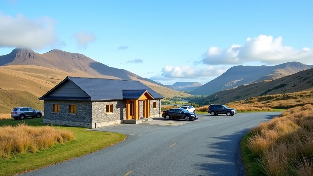 Mountain landscape showing parking area entrance with information signs and visitor facilities building