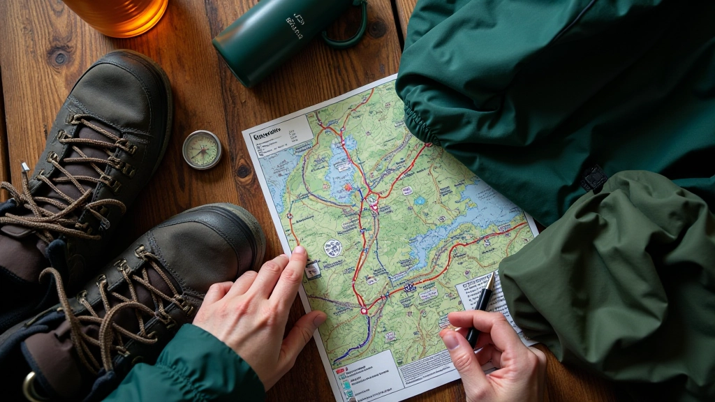 Outdoor walking essentials laid out including sturdy walking boots, waterproof jacket, water bottle, and walking map on wooden surface