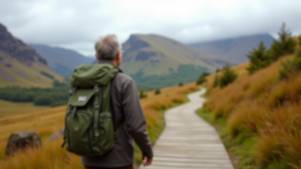 Hiker from behind walking on boardwalk with scenic moorland vista and distant mountains under partly cloudy sky