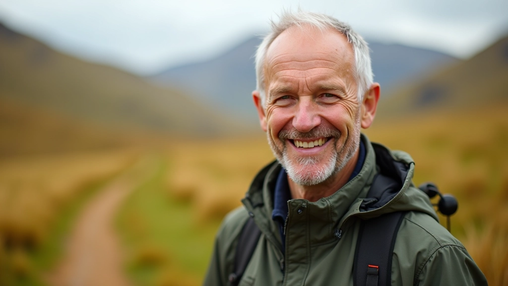 Friendly guide aged 55, smiling outdoors in hiking attire against natural backdrop