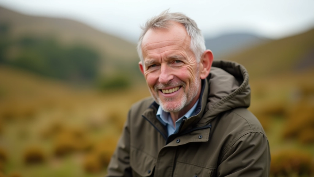 Experienced trail guide aged 60, approachable demeanor wearing outdoor clothing