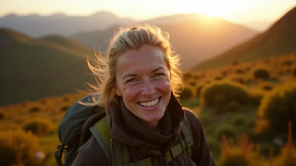 Outdoor guide aged 48, confident pose wearing hiking clothing in natural environment