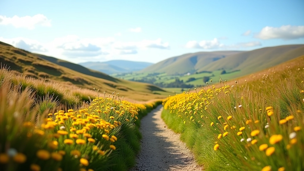Scenic view of a valley with a gentle walking path winding through countryside with wildflowers