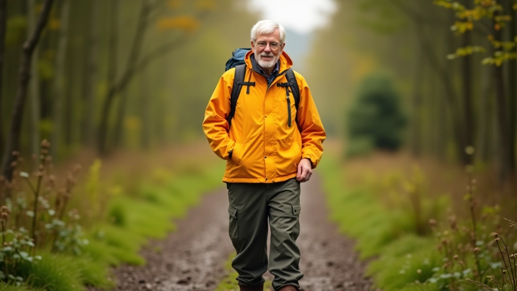 Hiker wearing bright waterproof jacket and sturdy boots, standing on forest path with walking poles, looking at terrain ahead