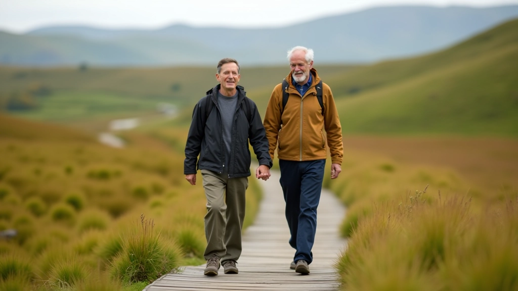 Older couple walking together on a wooden boardwalk trail surrounded by green moorland and hills