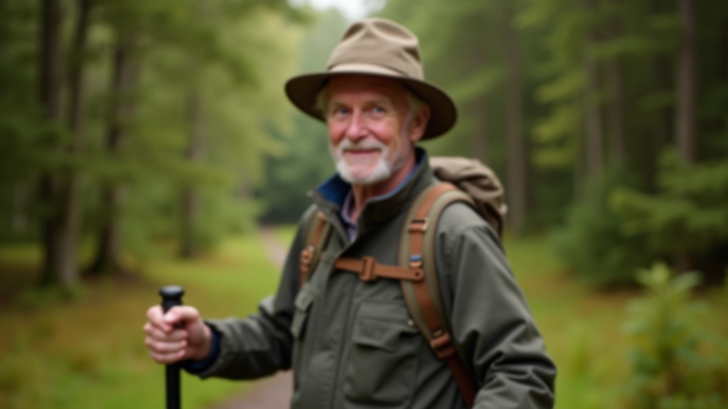 Elderly person wearing a wide-brimmed hat and comfortable walking boots on a forest path