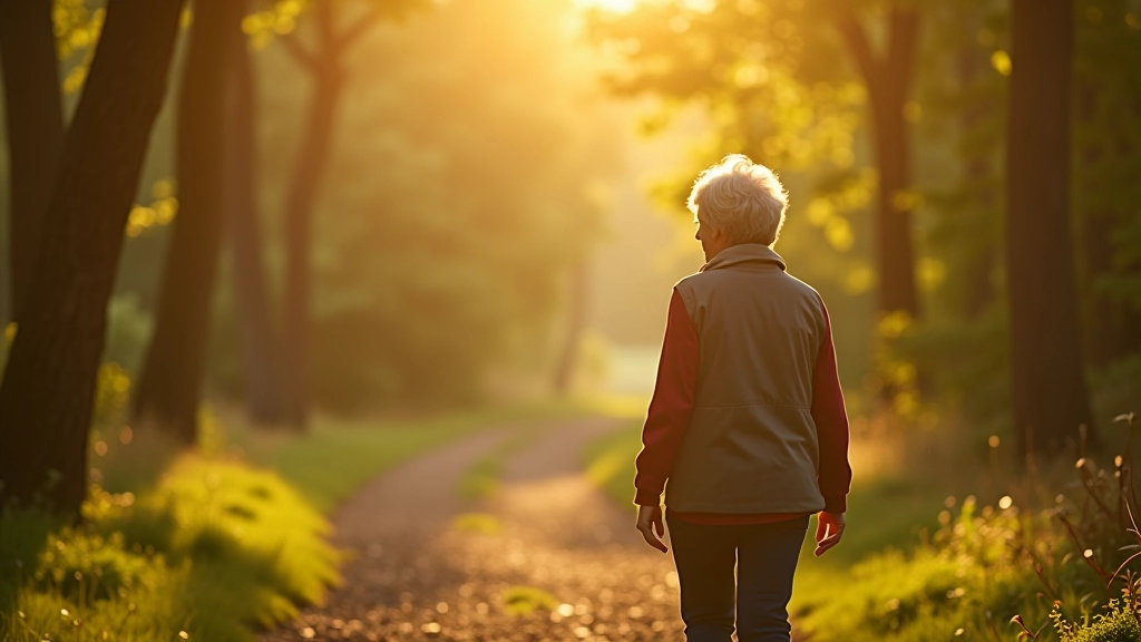 Peaceful senior woman walking alone on a scenic woodland path with dappled sunlight filtering through trees