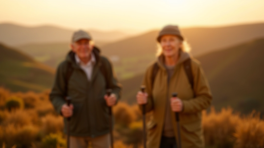 Group of seniors with walking poles gathered on a hillside overlooking a green landscape at golden hour