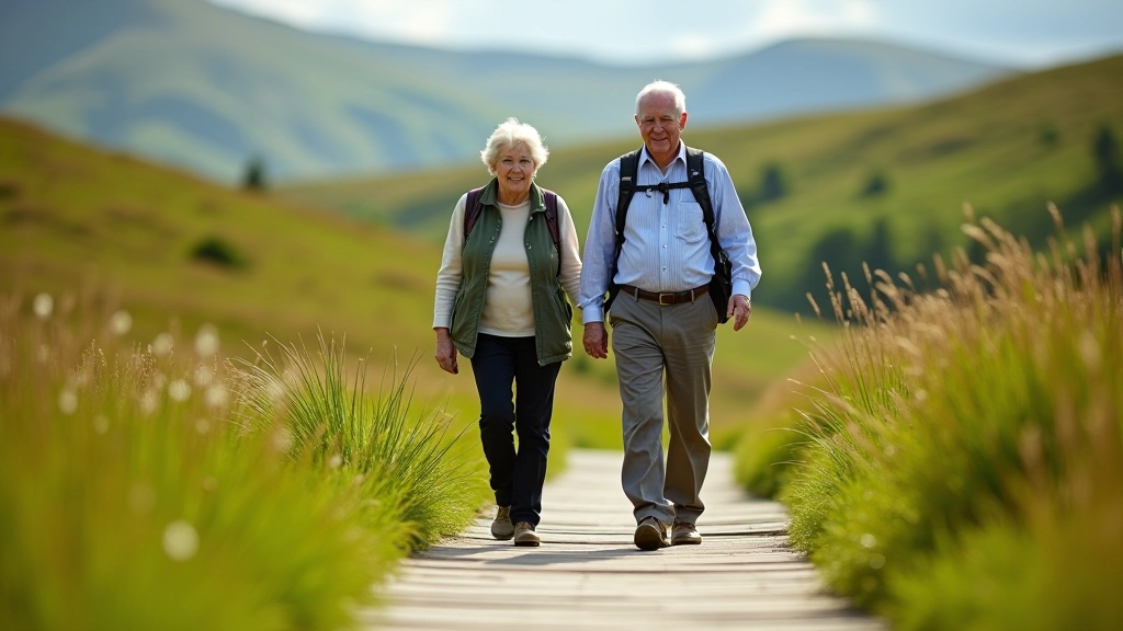 A group of seniors enjoying a scenic walk on the Cuilcagh Mountain boardwalk trail