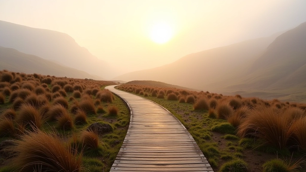 Scenic mountain boardwalk trail with misty views across Fermanagh and Cavan countryside