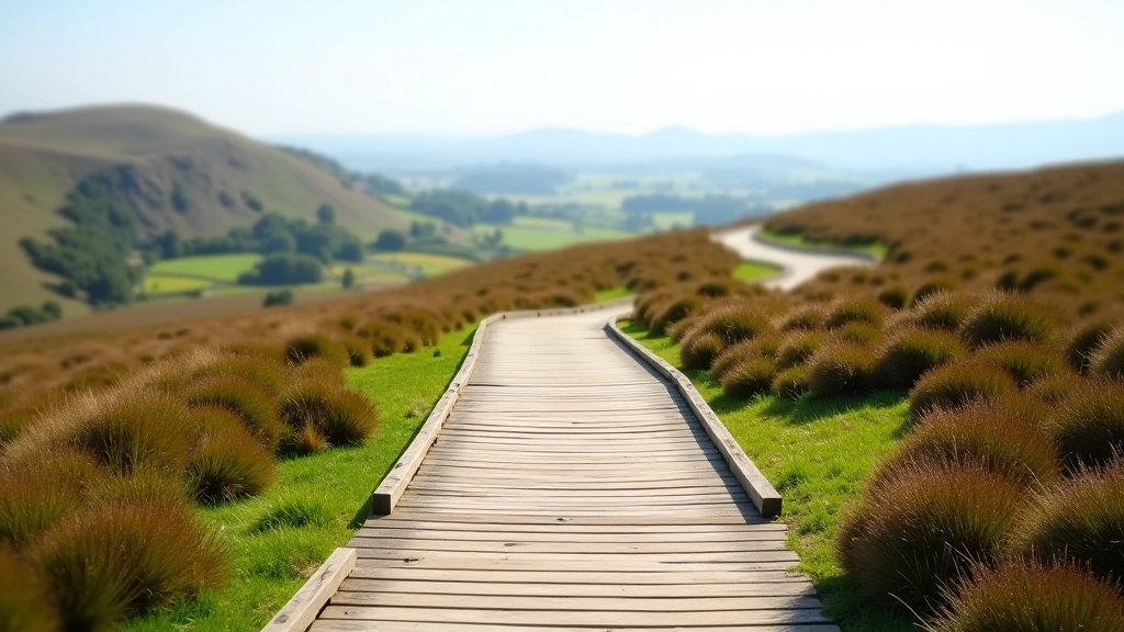 Wooden boardwalk path winding through mountain landscape with grass and heather on either side, clear day with distant views