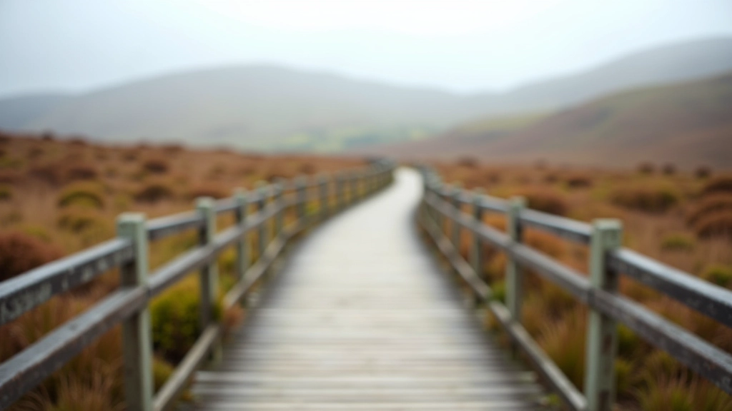Close-up of wooden boardwalk planks with handrails and misty moorland in background