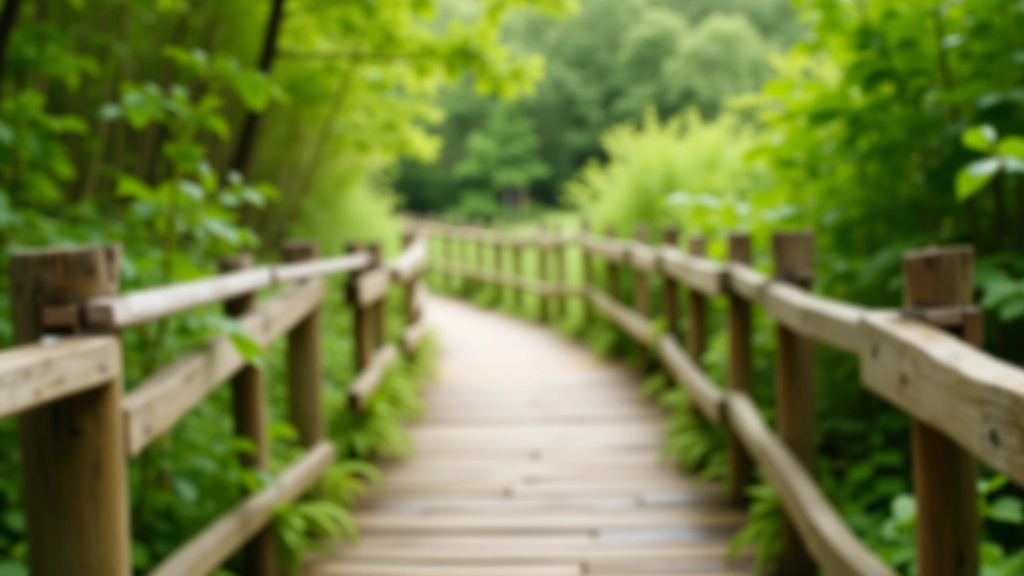 Well-maintained hiking trail with clear signage and safety railings through green countryside